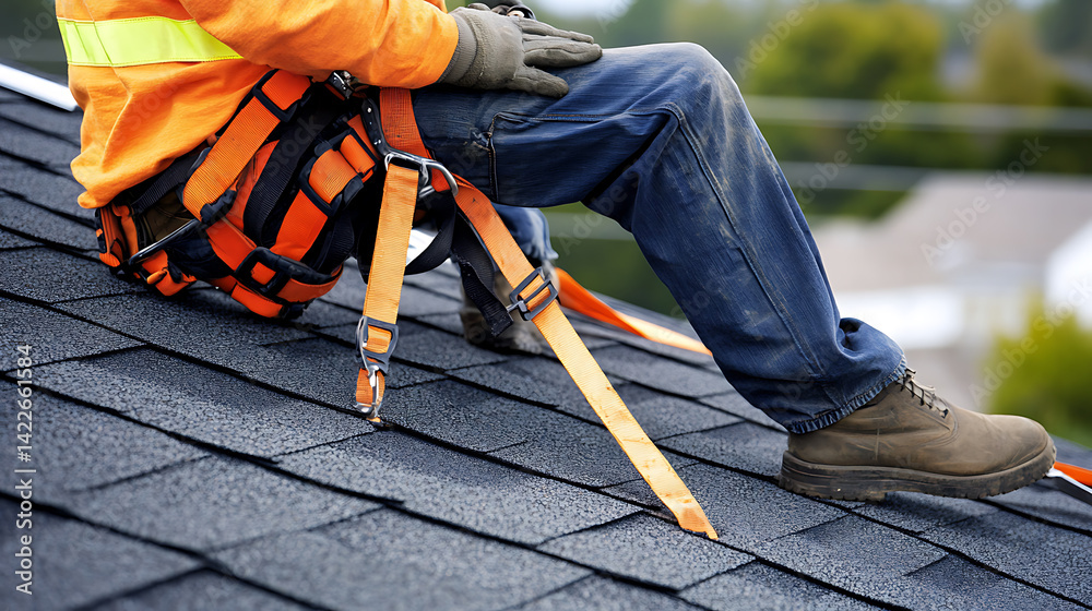 Fototapeta premium Roof Worker Installing Shingles with Safety Harness