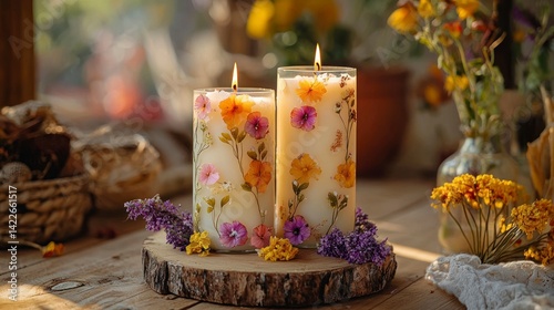 Realistic Candle Decoration with Pressed Flowers in a Cozy Setting Capturing Warmth and Natural Beauty