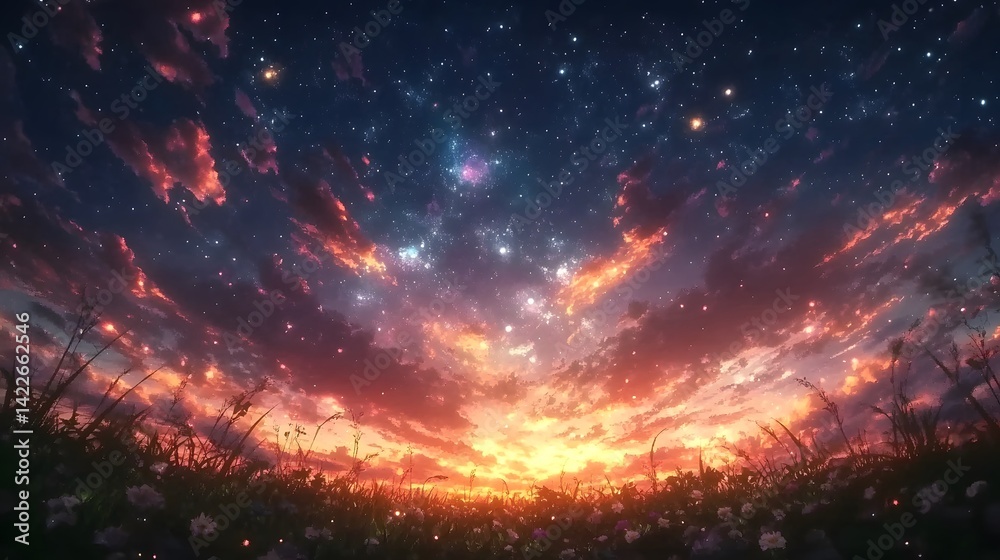 Naklejka premium A vibrant sunset sky above a field of wildflowers.