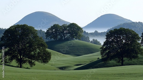 Wilderness rolling hills the Scottish Highlands at sunrise display a tapestry of emerald meadows and soft mist delivering a timeless calming landscape perfect for inspiring peace and exploration