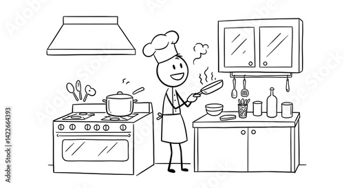 Happy Stick Figure Chef Cooking in a Simple Kitchen