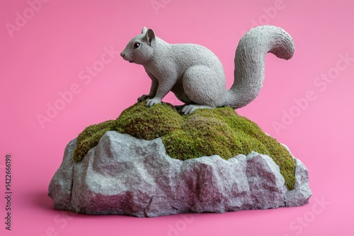 Gray squirrel figurine atop a rocky outcrop. photo
