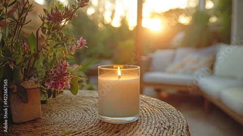Tranquil Vegan Wax Candle in a Home Setting with Natural Light and Fresh Flowers