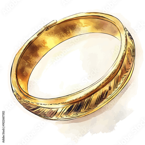 illustration of Gold Bangle With Subtle Engravings, watercolor vector, isolated on a white background.