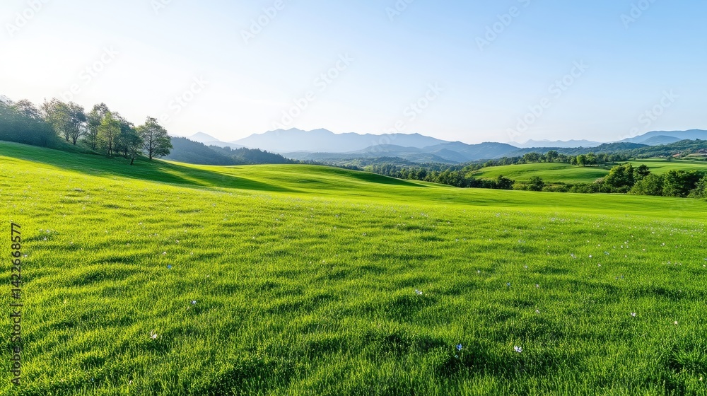 Naklejka premium Lush green meadow stretching to distant mountains