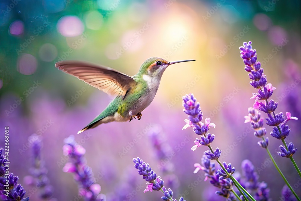 Fototapeta premium Long Exposure Hummingbird Lavender Spring Bloom - AI Photo