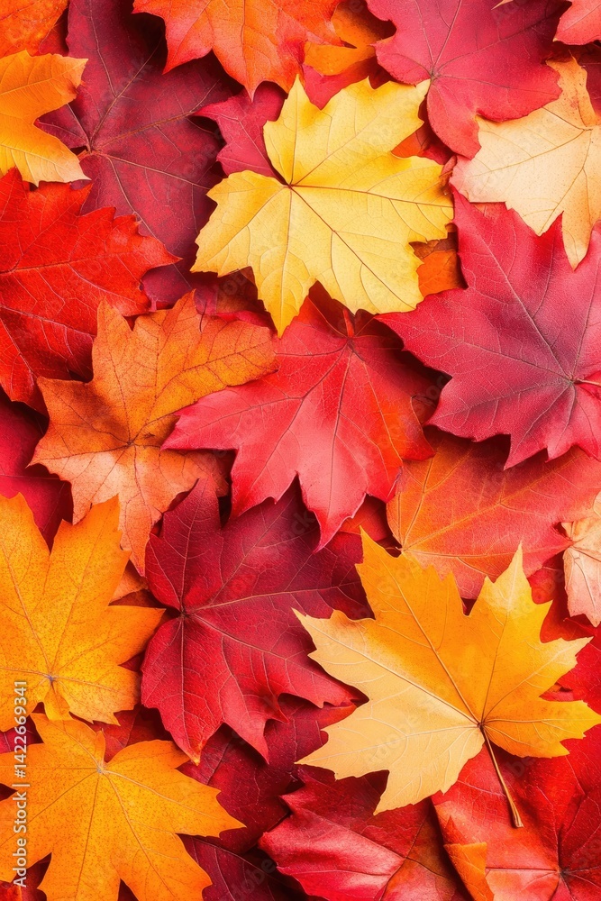 Close up view of vibrant autumn leaves, displaying a variety of warm colors including reds, oranges, and yellows. The leaves are clustered together, creating a rich texture Close up view of vibrant autumn leaves, displaying a variety of warm colors including reds, oranges, and yellows. The leaves are clustered together, creating a rich texture