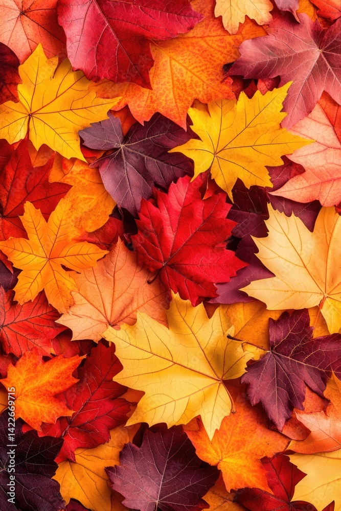 Vibrant autumn leaves, detailed close-up view, layered multicolored foliage, various shades of orange, red, yellow, and purple, detailed leaf patterns, fall colors, nature, close-up, background Vibrant autumn leaves, detailed close-up view, layered multicolored foliage, various shades of orange, red, yellow, and purple, detailed leaf patterns, fall colors, nature, close-up, background