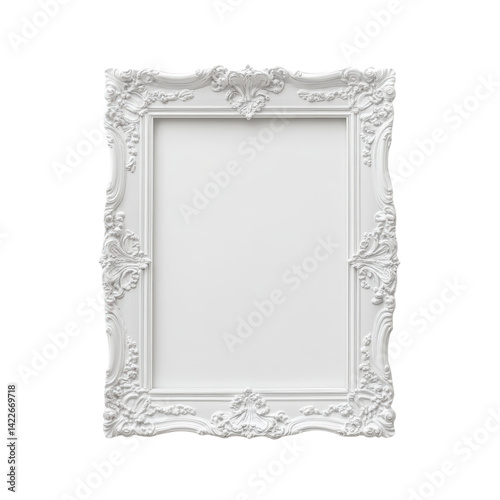 Ornate white picture frame, isolated background