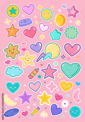 A vibrant and playful collection of colorful cartoon stickers featuring stars, hearts, smiley faces, clouds, and other whimsical shapes on a light pink background.