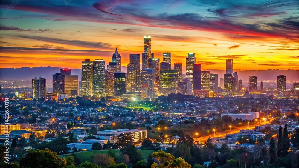 Obraz premium Los Angeles Downtown Skyline Sunset to Night Telephoto Baldwin Hills