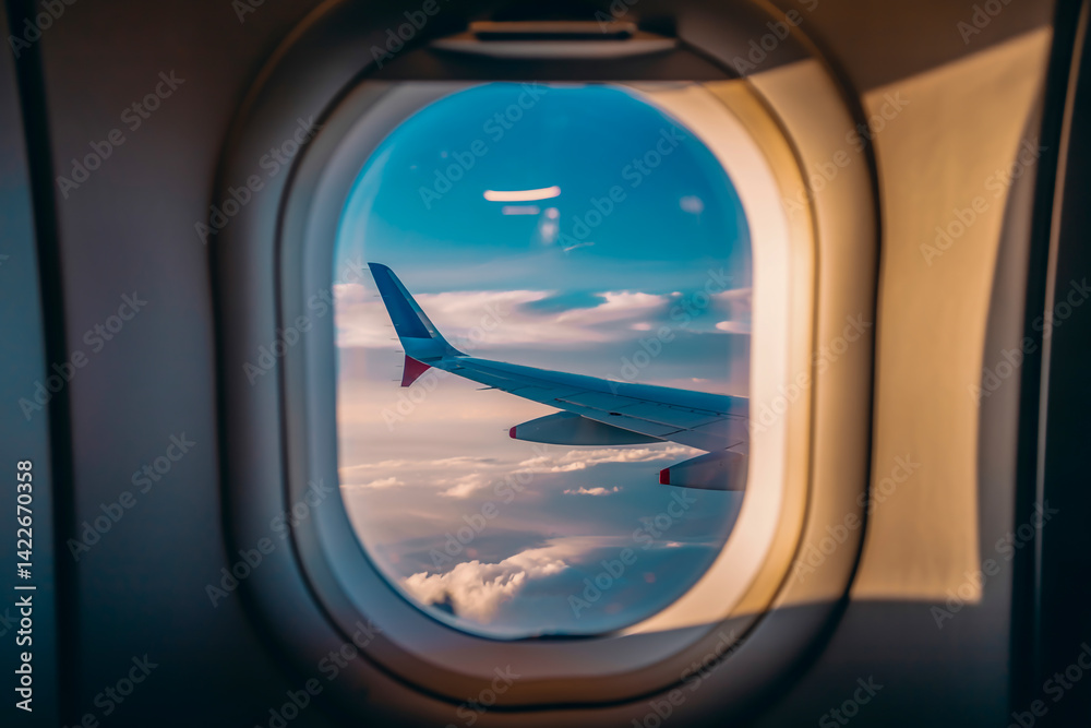 Passenger airplane window with wing view isolated on white, realistic glass reflections, blue sky visible inside Passenger airplane window with wing view isolated on white, realistic glass reflections, blue sky visible inside