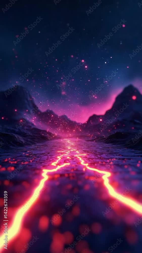 A vibrant scene featuring a glowing pathway of lava flanked by dark ...