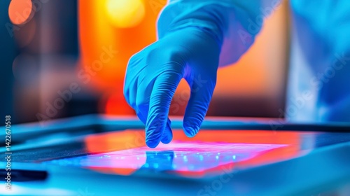 Gloved Hand Touching Control Panel Inside Futuristic Spacecraft