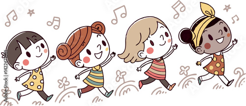 A cheerful cartoon illustration of four diverse young girls happily walking or skipping together, surrounded by musical notes and playful decorative elements.