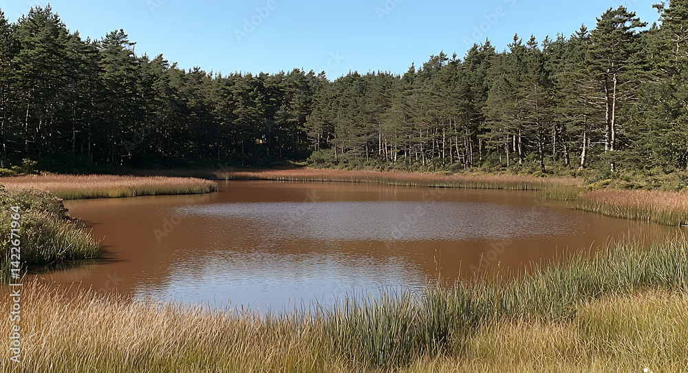 Obraz premium Find tranquility a serene lake in a remote wilderness setting its glassy surface reflecting a sky streaked with the colors of sunset promising calm and introspection