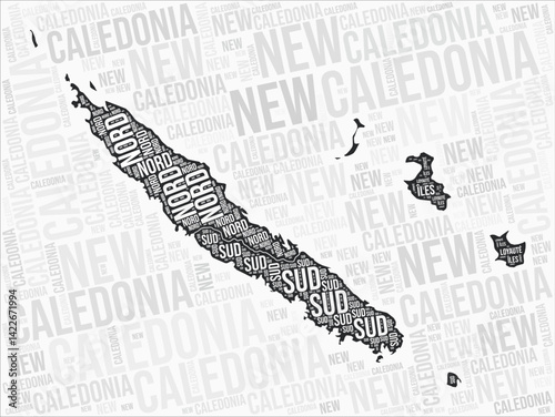 New Caledonia regions map word cloud. New Caledonia region names. Black and white map design. Elegant vector illustration.