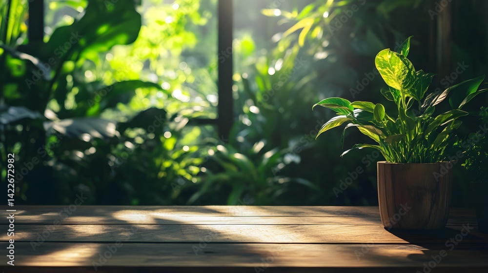 Fototapeta premium Brown wooden counter with potted plants on top, receiving soft sunlight with garden in background, photographed summer garden to convey sense of calm, organic style and natural design.