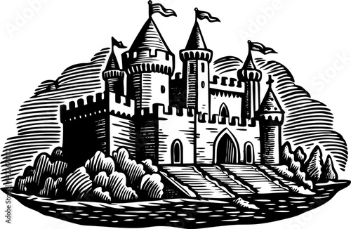 A black and white illustration of a majestic medieval castle with towers, ramparts, and flags, situated on a rocky landmass surrounded by water or stylized shading.