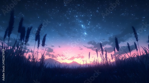 Starry night sky over a field of tall grasses at dawn.