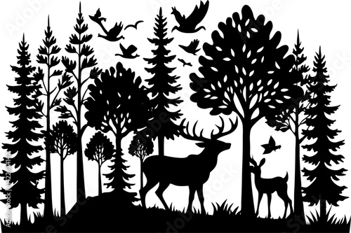 A black silhouette illustration captures a peaceful forest scene with a mature stag and a smaller deer standing amongst various trees, while several birds fly overhead. The design evokes a sense of na