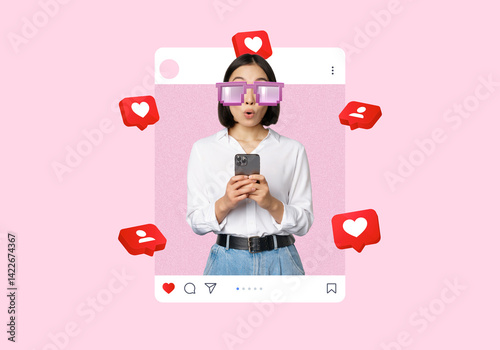 Social media influencer, Content creator concept, Excited woman holds a smartphone in a social profile frame surrounded by 3D red social media icons, Modern art collage, isolated on pink background