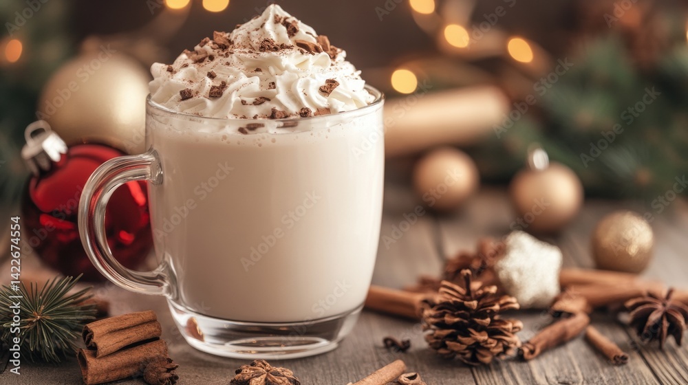 Festive Drink with Whipped Cream and Chocolate Flakes Surrounded by Christmas Ornaments and Spices Festive Drink with Whipped Cream and Chocolate Flakes Surrounded by Christmas Ornaments and Spices