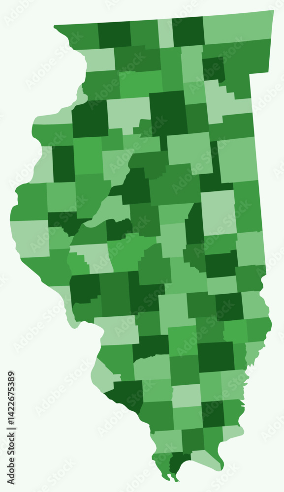 Map of Illinois with counties. Just a simple state border map with county division. Green color palette. Blank State of Illinois shape with administrative division. Vector illustration. Map of Illinois with counties. Just a simple state border map with county division. Green color palette. Blank State of Illinois shape with administrative division. Vector illustration.