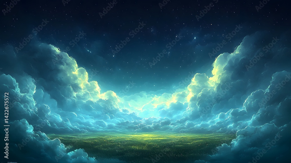 Fototapeta premium Vast, luminous clouds blanket a vibrant, starry night sky.