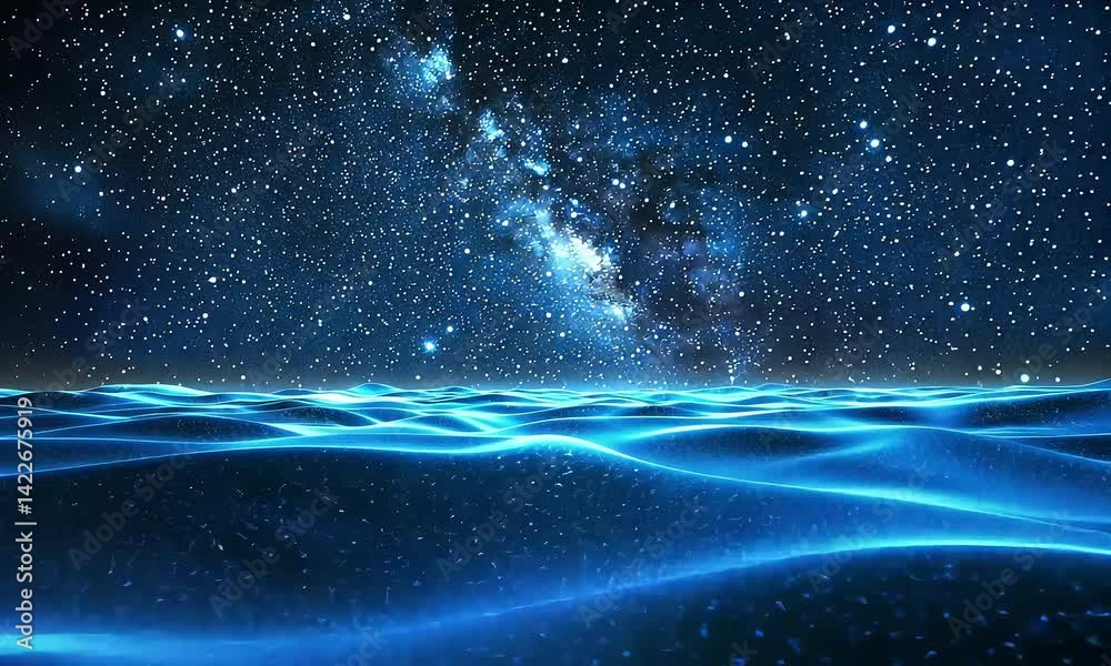 Abstract blue glowing stars space ocean surface, fantastic cosmos background