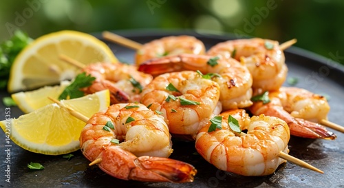 Grilled shrimp skewers with lemon wedges, a delicious seafood appetizer.