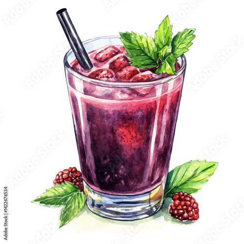 illustration of Glass Of Mixed Berry Juice With Mint Leaves, watercolor vector, isolated on a white background.