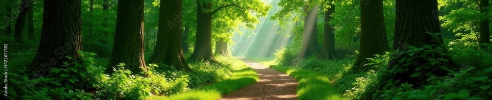 Obraz premium Sun-dappled path winds through ancient woods, lush green canopy overhead , autumn, tranquil