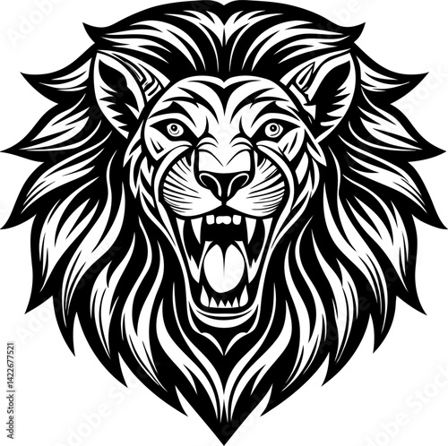 a powerful black and white illustration of a roaring lion's head, showcasing its fierce expression with bared teeth and a detailed mane. The design emphasizes strength and intensity.