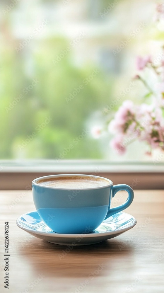 Serene morning moment with a vibrant blue coffee cup resting on a wooden surface, soft natural light filtering through window near delicate pink blossoms Serene morning moment with a vibrant blue coffee cup resting on a wooden surface, soft natural light filtering through window near delicate pink blossoms