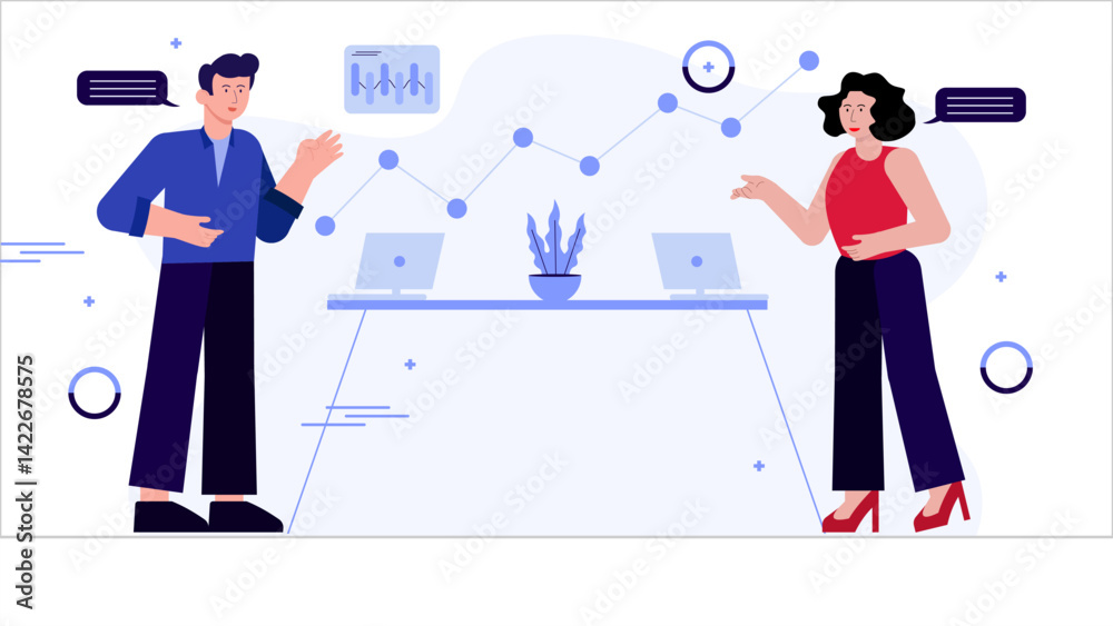 Obraz premium Business data analysis modern flat illustration. Set of scene a man and girl explains business data analysis on graph diagram. Vector Flat Character