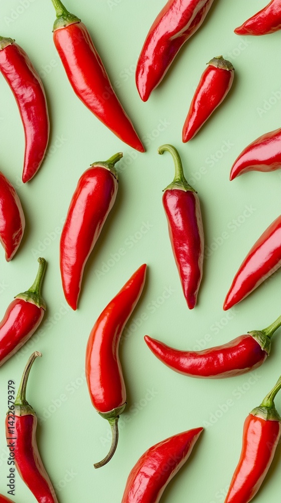 Vibrant red chili peppers scattered artfully on a soft mint green background, showcasing the bold color and sleek curves of fresh, glossy hot peppers Vibrant red chili peppers scattered artfully on a soft mint green background, showcasing the bold color and sleek curves of fresh, glossy hot peppers