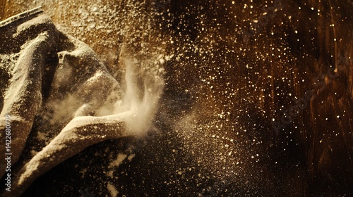 Top down view of dust particles being wiped off table cloth original background