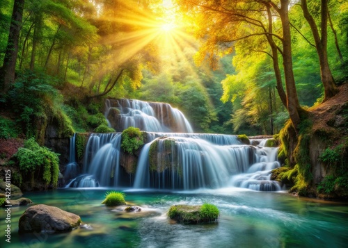 Serene Waterfall Forest Creek Picturesque Landscape Sunbeams Dappled Water Tranquil Nature Photography