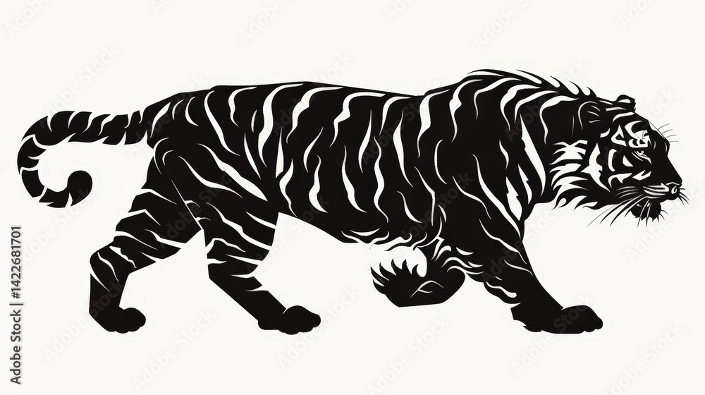 Fototapeta premium Black and White Tiger Silhouette Walking with Bold Stripes on Light Background
