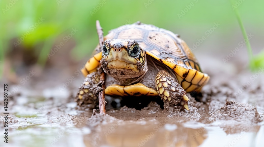 Obraz premium Tiny turtle in muddy puddle