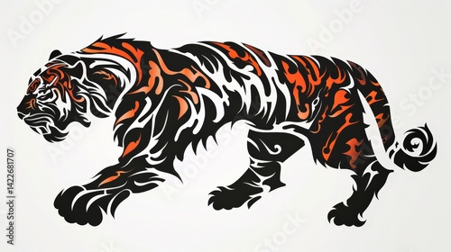 Bold and Vibrant Tiger Tattoo Design with Flames and Artful Patterns