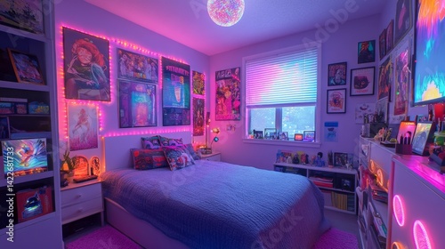 Neon Dreamscape Bedroom: A vibrant and stylish teen bedroom, illuminated with LED lights and adorned with anime and retro posters.