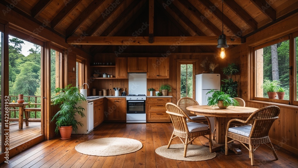 Fototapeta premium a rustic, open-plan kitchen and dining area with a warm, inviting atmosphere. The space features a wooden interior with a high, slanted ceiling and exposed beams, creating a cozy cabin-like feel. 