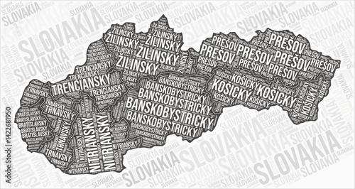 Slovakia regions map word cloud. Slovakia region names. Black and white map design. Vibrant vector illustration.
