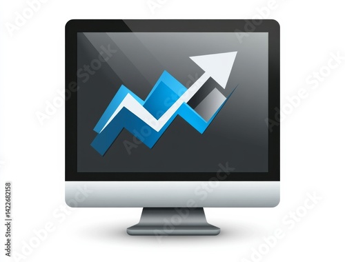 Flat vector logo of computer screen with upward arrow representing website traffic growth, digital marketing performance, and online business visitor analytics in dark blue on white background.