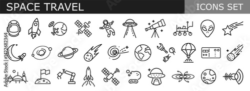 A set of minimalist line icons representing various aspects of space travel, exploration, and extraterrestrial elements.
