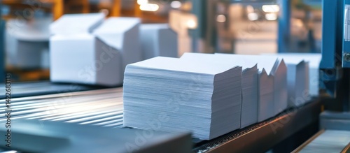 Paper Production Line: Stacks of Paper on a Conveyor Belt in a Modern Printing Factory