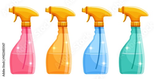 Water spray bottle, liquid spraying cleaner, chemical clean detergent sprayer color icon set. Home window glass wash aerosol cleaning product. Hand antiseptic. Sanitary disinfection cleanser. Vector

