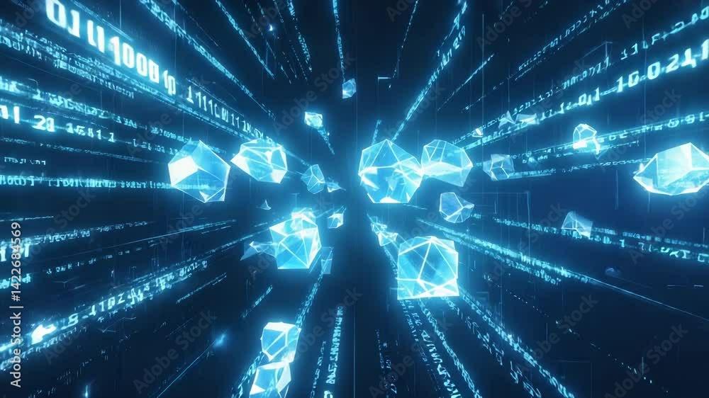 Futuristic network communication concept with floating polygonal shapes and digital binary data streams in blue glowing colors